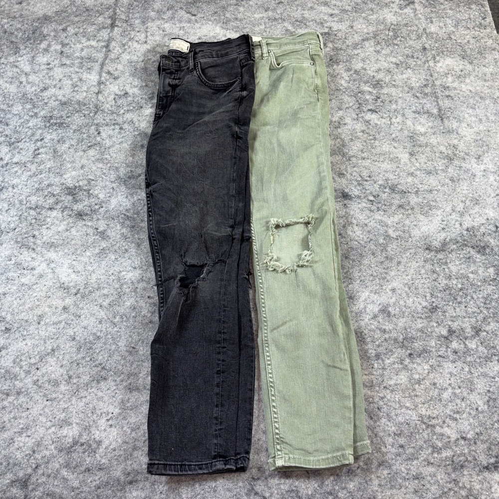 (2) Free People Distressed Skinny Jeans Women's 28 Black & Green Skater Grunge
